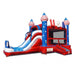 Studio three-quarter view of the American Titan Wet and Dry Combo, blue slide with white rails into splash pool, star-covered towers, USA letters, red marble vinyl and front entrance ramp