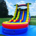 18-foot Rainbow Dual Lane inflatable waterslide set up outdoors — colorful rainbow arch frame with dual side-by-side slide lanes, Beyond Tent commercial rental unit