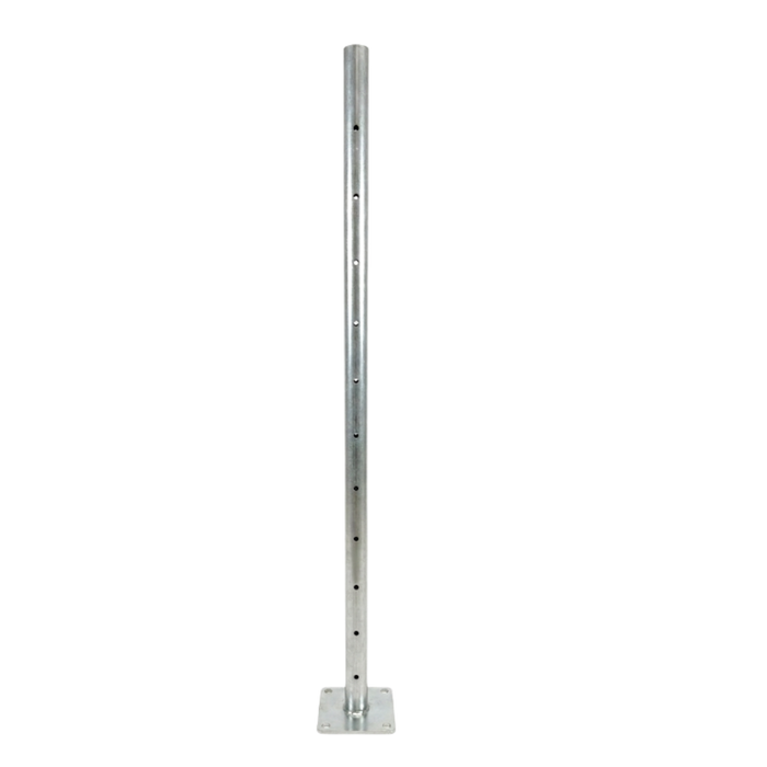 A tall, slender galvanized steel mounting pole with a square base plate and multiple pre-drilled holes, shown on a solid white background.