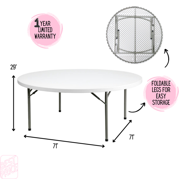 6' Round White Plastic Folding Table