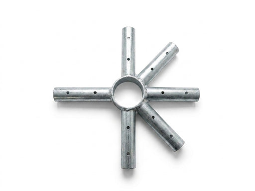 A galvanized steel six-spoke wheel hub with pre-drilled mounting holes, shown on a clean white background.