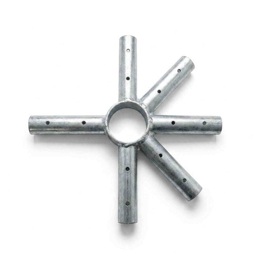 A galvanized steel six-spoke wheel hub with pre-drilled mounting holes, shown on a clean white background.