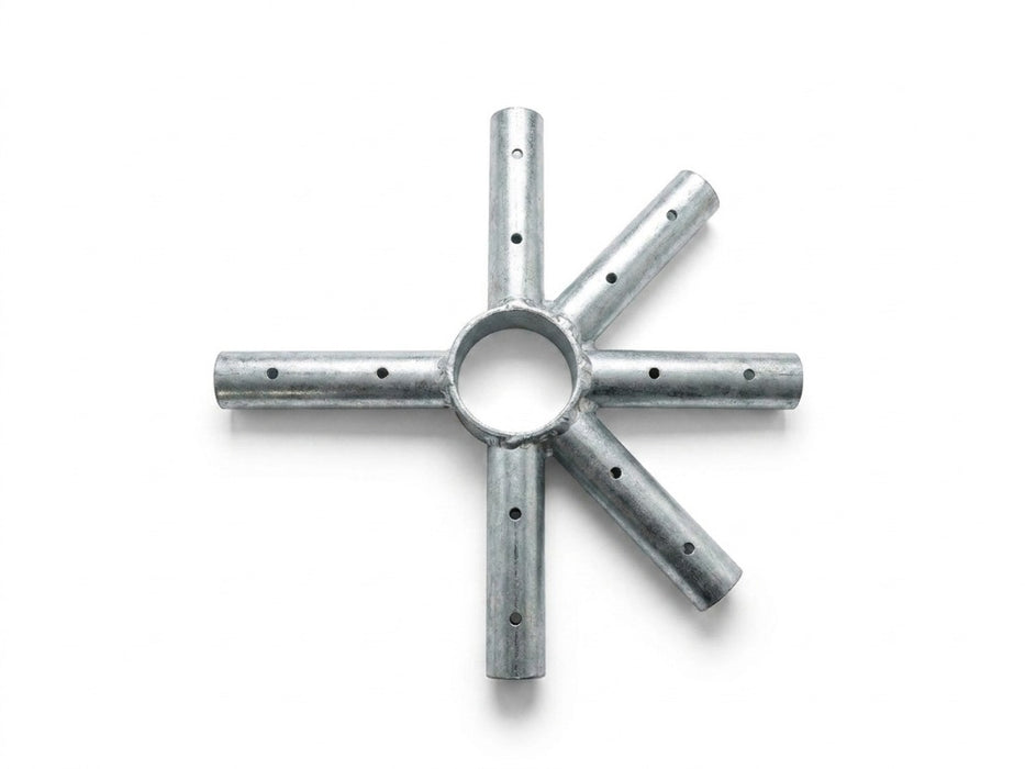 A galvanized steel six-spoke wheel hub with pre-drilled mounting holes, shown on a clean white background.