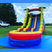 Full event setup view of 18ft Rainbow Dual Lane commercial waterslide on grass — vibrant rainbow design for rental operators, Beyond Tent