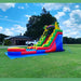 18-foot Rainbow Dual Lane waterslide splash pool landing zone and slide exit area — commercial rental unit with safety netting, Beyond Tent
