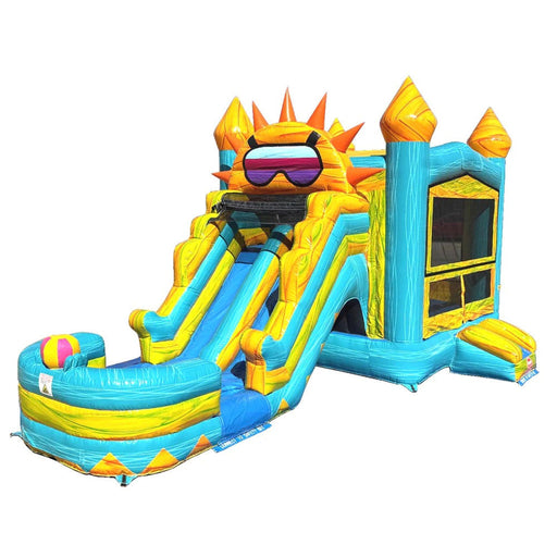 Colorful inflatable slide and castle with sun design on a white background