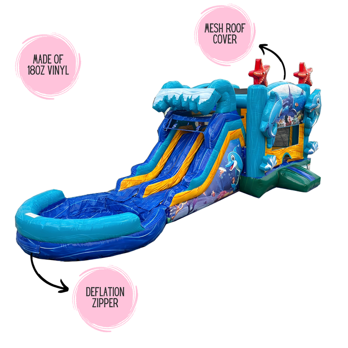 Beyond Tent Atlantis Double Lane Combo Wet and Dry ocean-themed inflatable with starfish and dolphin mural, feature callouts for 18oz vinyl construction, mesh roof cover, and deflation zipper