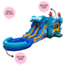 Beyond Tent Atlantis Double Lane Combo Wet and Dry ocean-themed inflatable with starfish and dolphin mural, feature callouts for 18oz vinyl construction, mesh roof cover, and deflation zipper