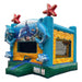 Beyond Tent Atlantis Inflatable Castle 13x13 Commercial Inflatable, teal and yellow ocean-themed bounce house with dolphin and starfish graphics, angled studio view on white background