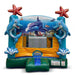 Atlantis Inflatable Castle  bounce house with an ocean theme, featuring blue dolphins, red starfish, a blue whale print on the back wall, and a green slide at the bottom, shown on a white background.
