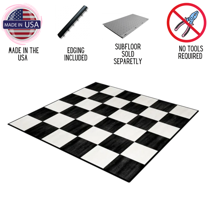 Checkered floor mat with features listed on a white background- made in the USA. 