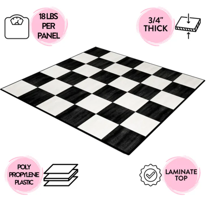Checkered floor mat with material specifications on a white background