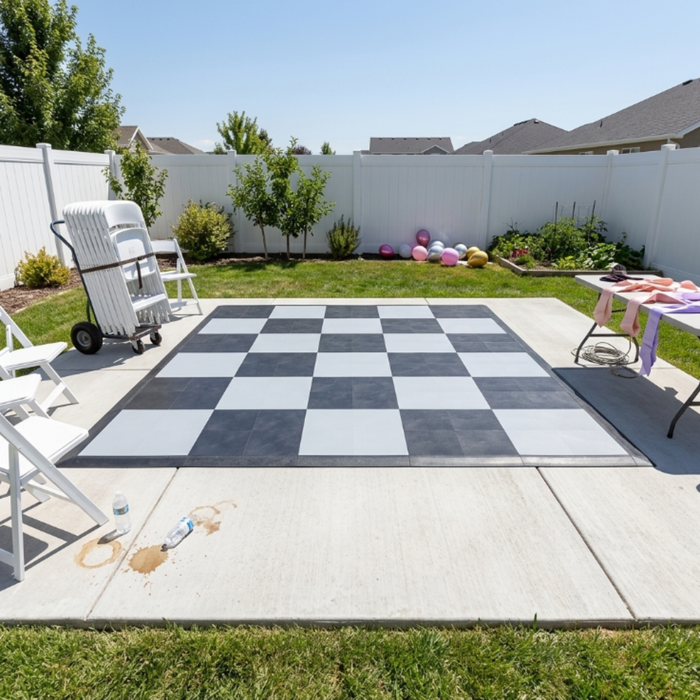 Checkered outdoor rug on a patio with chairs and a cart in a backyard setting.