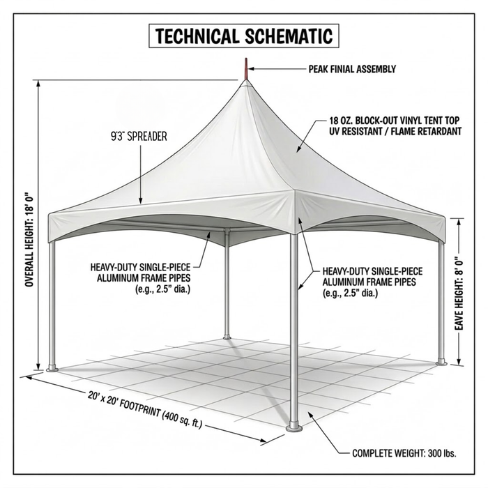 Technical schematic of a canopy tent with labeled components and dimensions.
