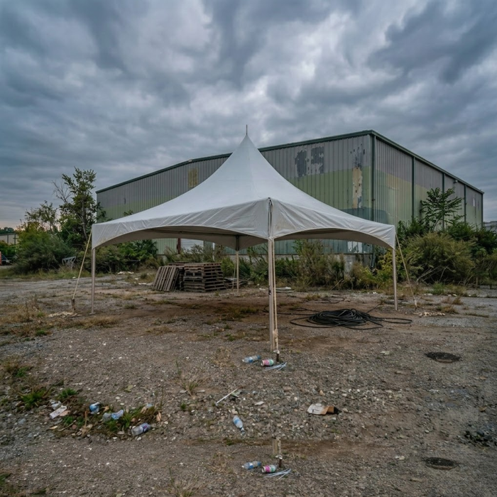 White 20x20 High Peak  set up in an outdoor area with a cloudy sky.