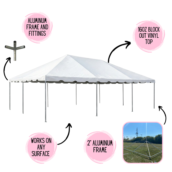 Beyond Tent 20'x30' West Coast Commercial Frame Tent –Technical collage featuring a 20x30 white West Coast Frame Tent, with callouts for the 2-inch aluminum frame, 16 oz. blockout vinyl top, and versatility for use on any surface.