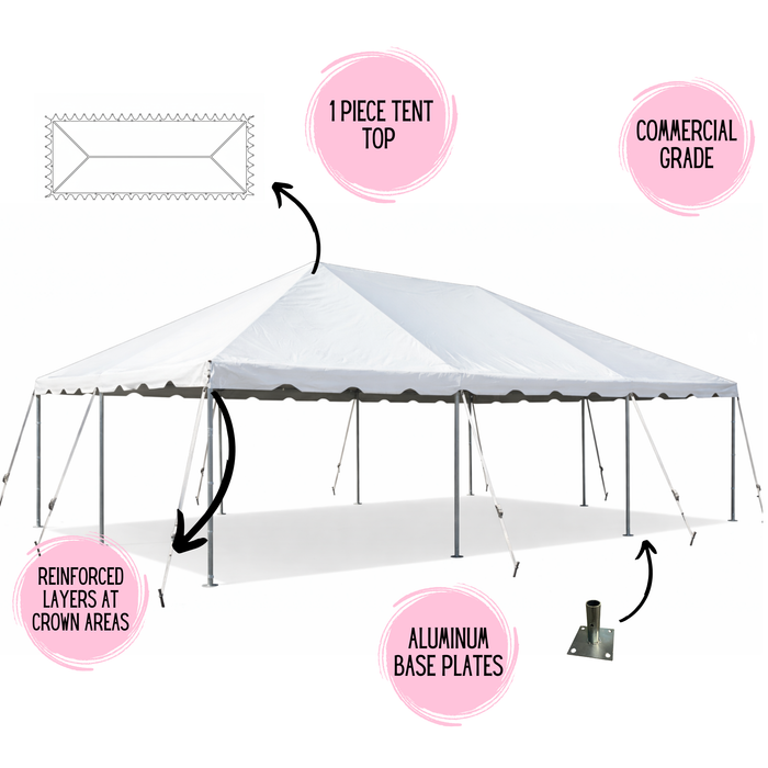 Technical collage featuring a 20x30 white West Coast Frame Tent, with callouts for the 1-piece tent top, commercial grade construction, aluminum base plates, and reinforced crown layers."