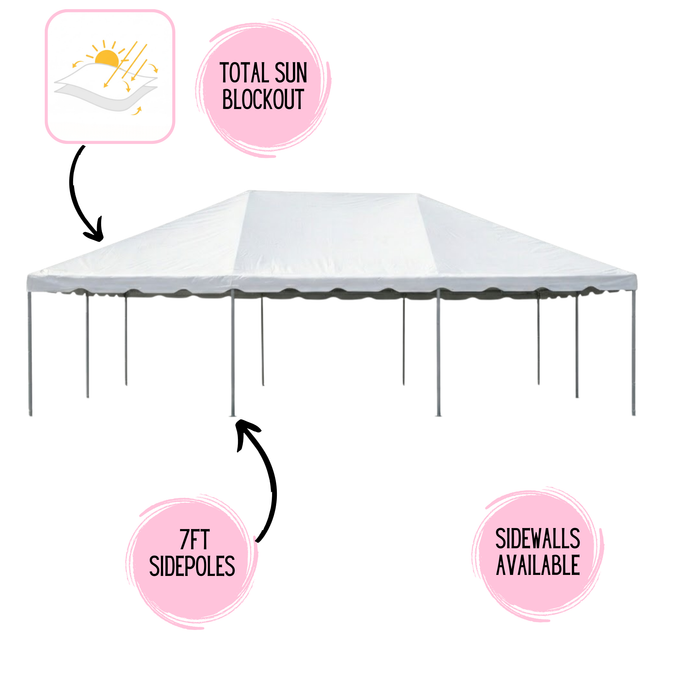 Beyond Tent 20'x30' West Coast Commercial Frame Tent –Promotional graphic for the 20x30 West Coast Frame Tent highlighting features: Total Sun Blockout, 7FT Sidepoles, and Sidewalls Available