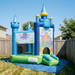 Inflatable bounce house with castle design and 'Under the Sea' theme in a backyard.