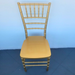 Beyond Tent Hercules Premium Resin Chiavari Chair Front view of a gold resin style spindle backrest and hard seat, displayed against a blue backdrop in a warehouse.
