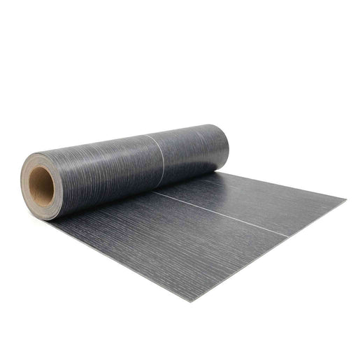 Black Oak Vinyl Flooring - Commercial Grade partially unrolled to show the textured surface and a light-colored backing board, set against a plain white background.