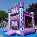 Close-up front angle of the KPOP Combo Wet N Dry showing the KPOP center display panel with concert stage graphics, colorful disco light orbs across the top arch, silver chrome truss framing on both sides, finger-proof mesh safety netting window on the right side of the bounce chamber, and a blue inflatable splash pool at the base. Trees and blue sky in background.