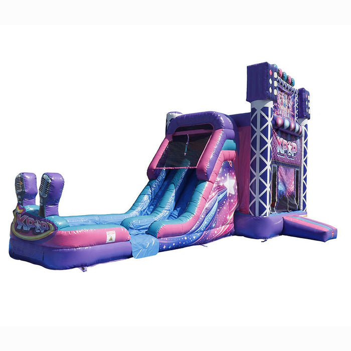 KPOP Combo Wet N Dry studio render on white background: vibrant pink, purple, and magenta concert stage-themed combo inflatable with silver chrome truss framing on both sides, a large KPOP center display panel on the front face, colorful disco light orbs along the roofline arch, and an attached curved pink-purple slide on the right side.