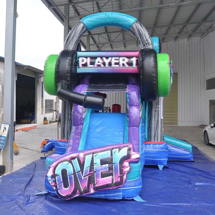 Game Over Wet & Dry Bounce House Combo with Slide – Side View
