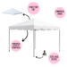 Infographic for the 10x10 Classic Series West Coast frame tent highlighting a one-piece tent top, commercial-grade construction, reinforced fabric layers at the crown areas, and steel base plates, with close-up callouts of the disassembled tent top and base plate.