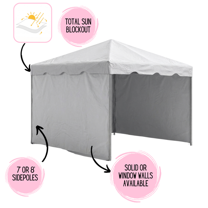 Infographic for the 10x10 Classic Series West Coast frame tent showing total sun blockout coverage, 7-foot or 8-foot sidepoles, and solid or window wall options, pictured with gray solid blockout sidewalls attached to the frame.