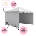 Infographic for the 10x10 Classic Series West Coast frame tent showing total sun blockout coverage, 7-foot or 8-foot sidepoles, and solid or window wall options, pictured with gray solid blockout sidewalls attached to the frame.