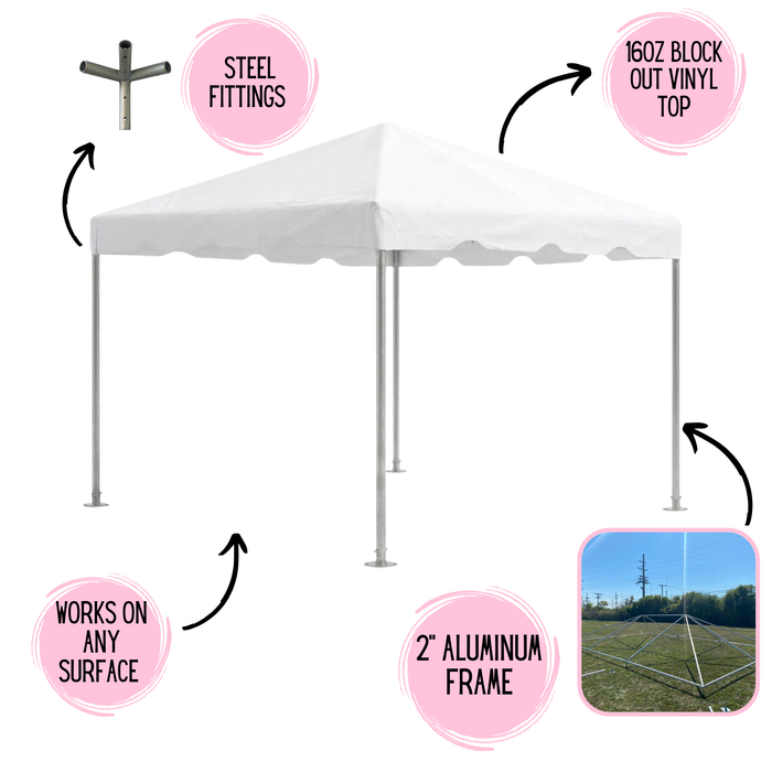 Infographic for the 10x10 Classic Series West Coast frame tent detailing steel six-way crown fittings, 16oz blockout vinyl top, 2-inch aluminum frame tubing, and all-surface compatibility, with an inset photo of the bare aluminum frame being assembled outdoors on grass.