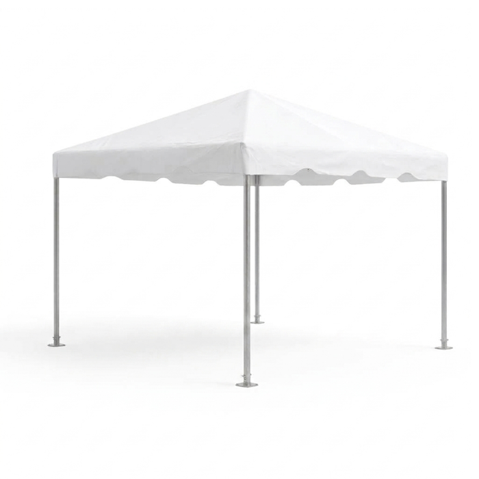 Studio product photo of a plain white 10x10 Classic Series West Coast frame tent with scalloped valance trim, shown on a white background with silver aluminum frame legs and steel base plates visible.