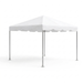 Studio product photo of a plain white 10x10 Classic Series West Coast frame tent with scalloped valance trim, shown on a white background with silver aluminum frame legs and steel base plates visible.