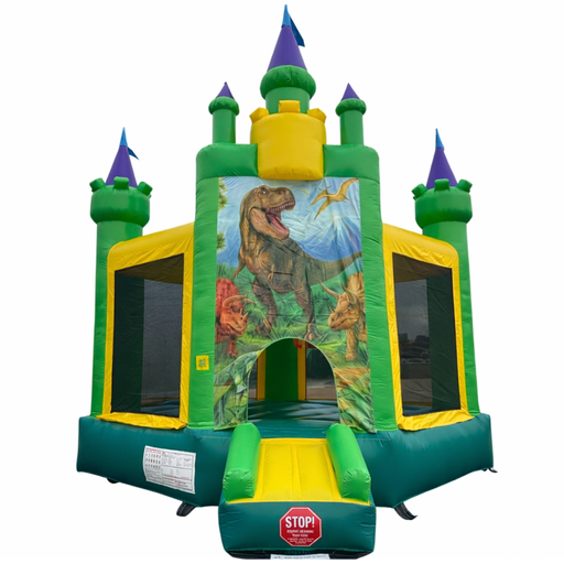 Inflatable dinosaur-themed bounce house with green, yellow, and purple colors on a white background.