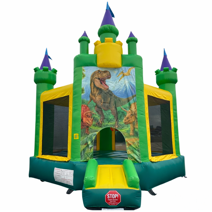 Inflatable dinosaur-themed bounce house with green, yellow, and purple colors on a white background.