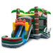 Beyond Tent Dino Stampede Bounce House Combo Wet & Dry, jungle and dinosaur-themed dual-lane inflatable with a T-Rex figure on the roof, palm tree corner posts, orange claw accents on the slide arch, and clawed horn accents at the base