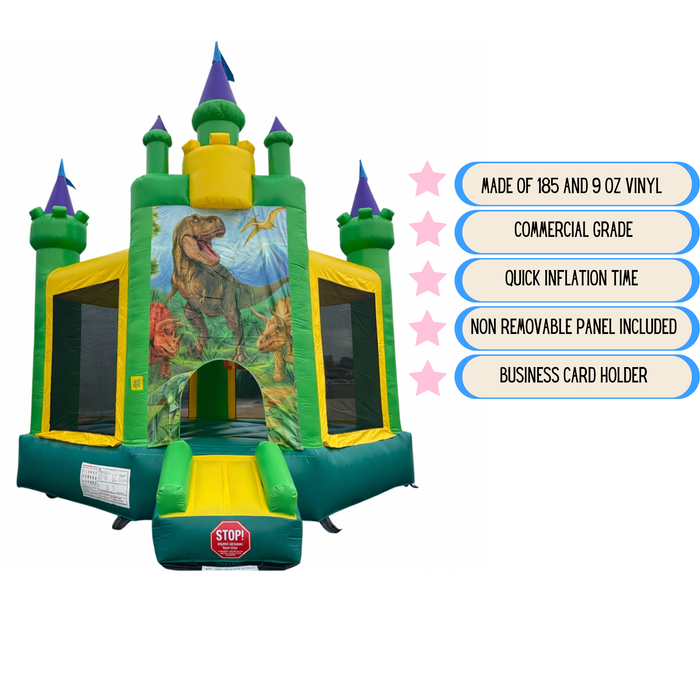 Inflatable dinosaur-themed bounce house with castle-like design on a white background with features. Beyond Tent Pic 