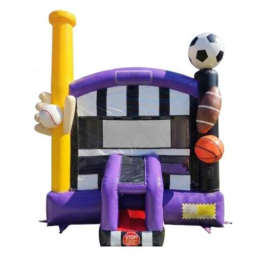 GameDay  inflatable bounce house with sports-themed graphics, featuring a yellow baseball bat on the left held by a cartoon hand, a soccer ball on the right pole, and basketball and football illustrations on the side.