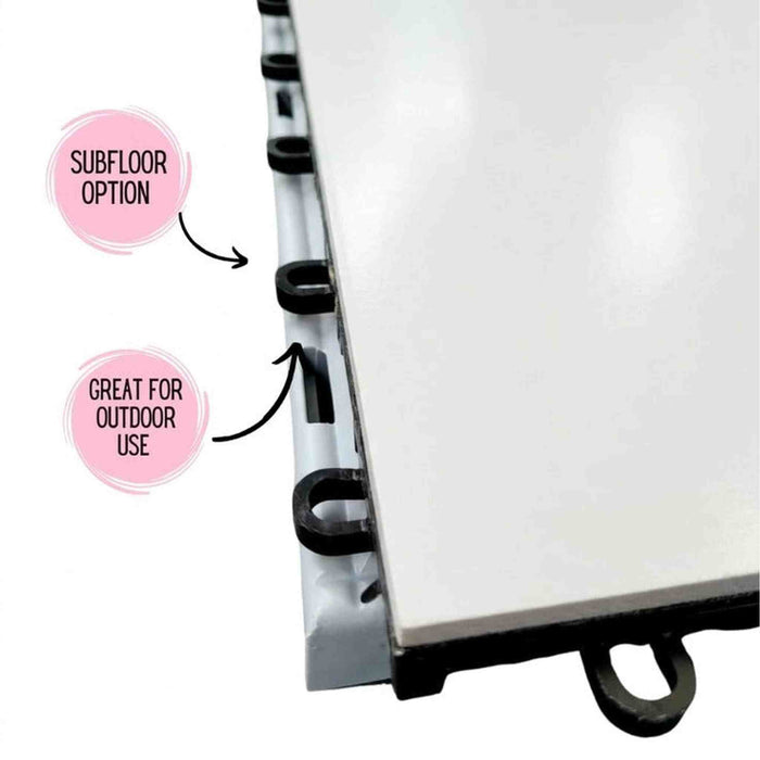 Beyond Tent Glossy White Portable Dance Floor close-up of the black interlocking edge connectors, subfloor option and great for outdoor use callouts
