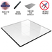 Beyond Tent Glossy White Portable Dance Floor with feature callouts for Made in USA, edging included, subfloor sold separately, and no tools required, top-down view of assembled glossy white tiles with black edging