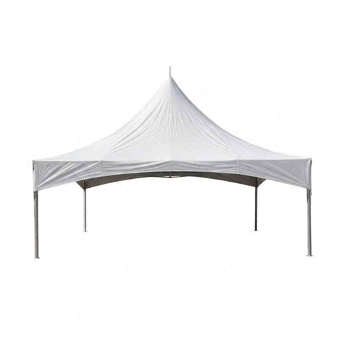 Beyond Tent High Peak Frame Tent, white vinyl canopy top with aluminum frame legs, studio product photo on a white background (no size markings visible in this specific image)