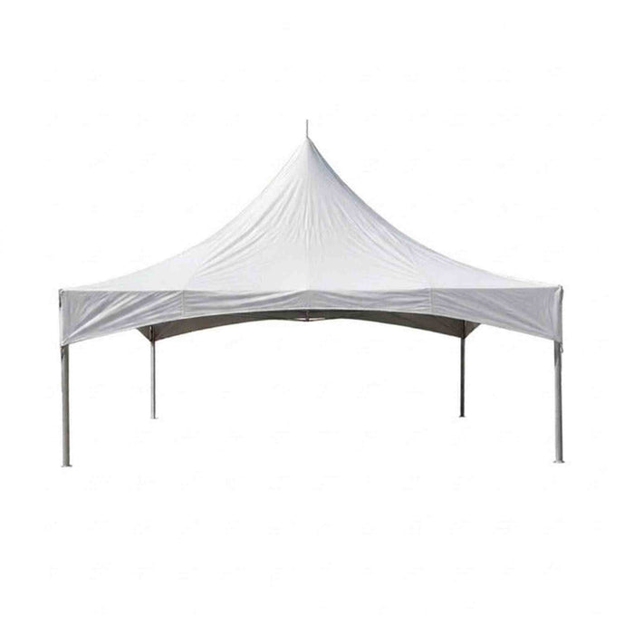Beyond Tent High Peak Frame Tent, white vinyl canopy top with aluminum frame legs, studio product photo on a white background (no size markings visible in this specific image)