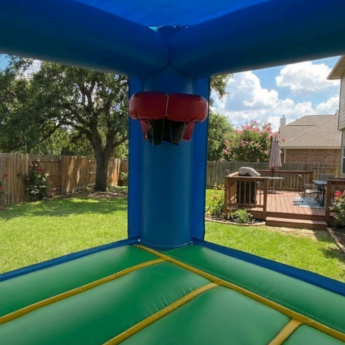 Zoom of the Basketball hoop inside the Marineland bounce house. 