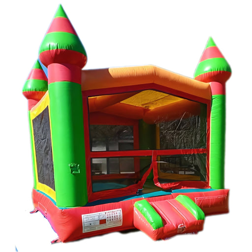 Beyond Tent Lightweight Fiesta Bouncer - Commercial Grade, red green and orange castle bounce house with striped turrets, angled studio view