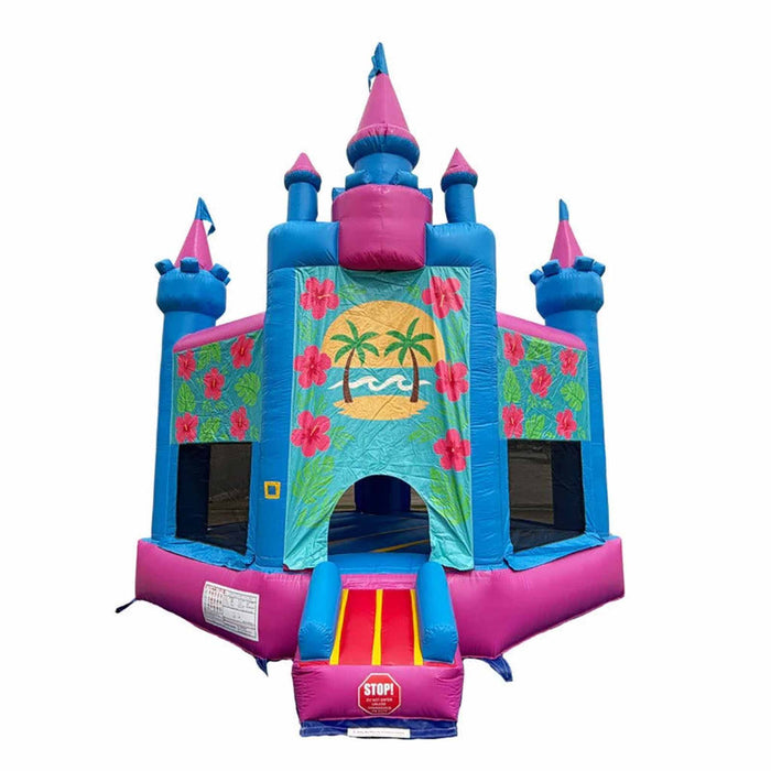 Beyond Tent Lightweight Hawaiian Castle Bounce House with Blower, pink and blue tropical bounce house with hibiscus flower and palm tree mural, front view isolated on a white background
