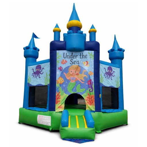 Colorful Marineland  inflatable bounce house with 'Under the Sea' design on a white background
