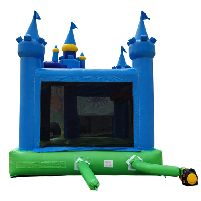 Inflatable bounce house with castle design on a white background