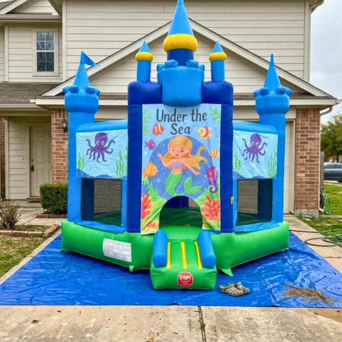 Blue inflatable bounce house with 'Under the Sea' design on a blue tarp outside a house.