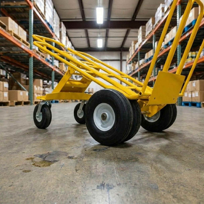 Dolly in a warehouse, zoom on the wheels. Boxes in the back. 